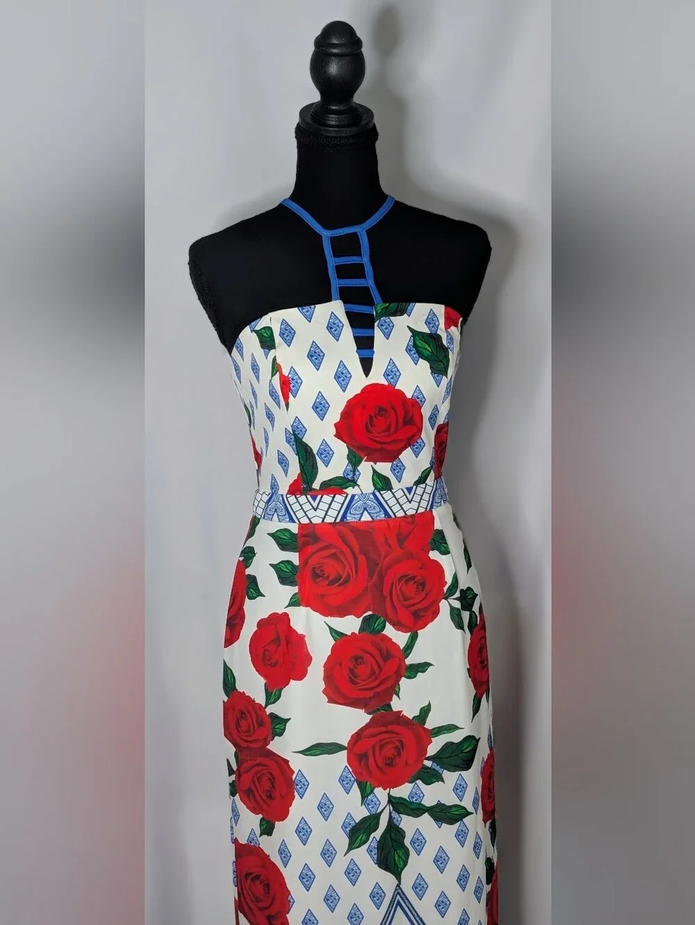 LUXMI Rose Floral Halter Maxi Dress Size S Blue Red High Slit